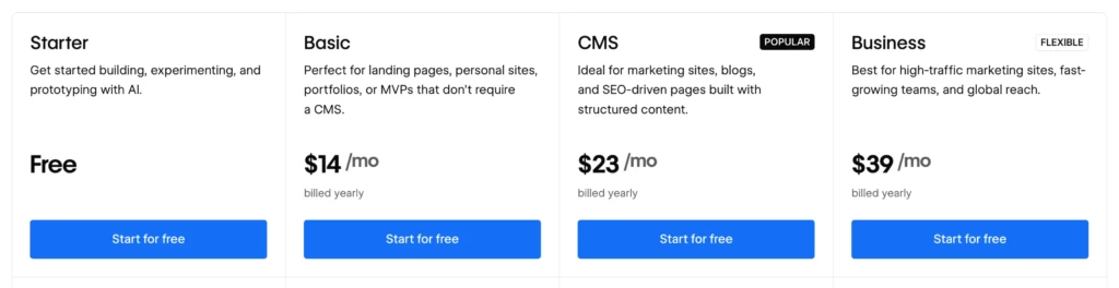 Webflow yearly pricing