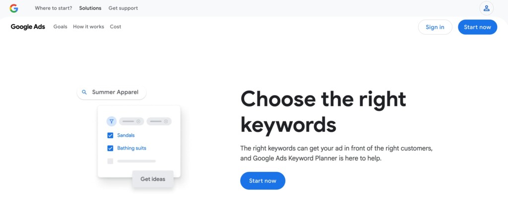 Google Keyword Planner homepage screenshot