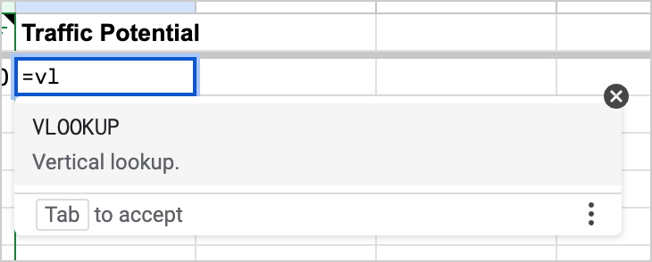 starting vlookup formula