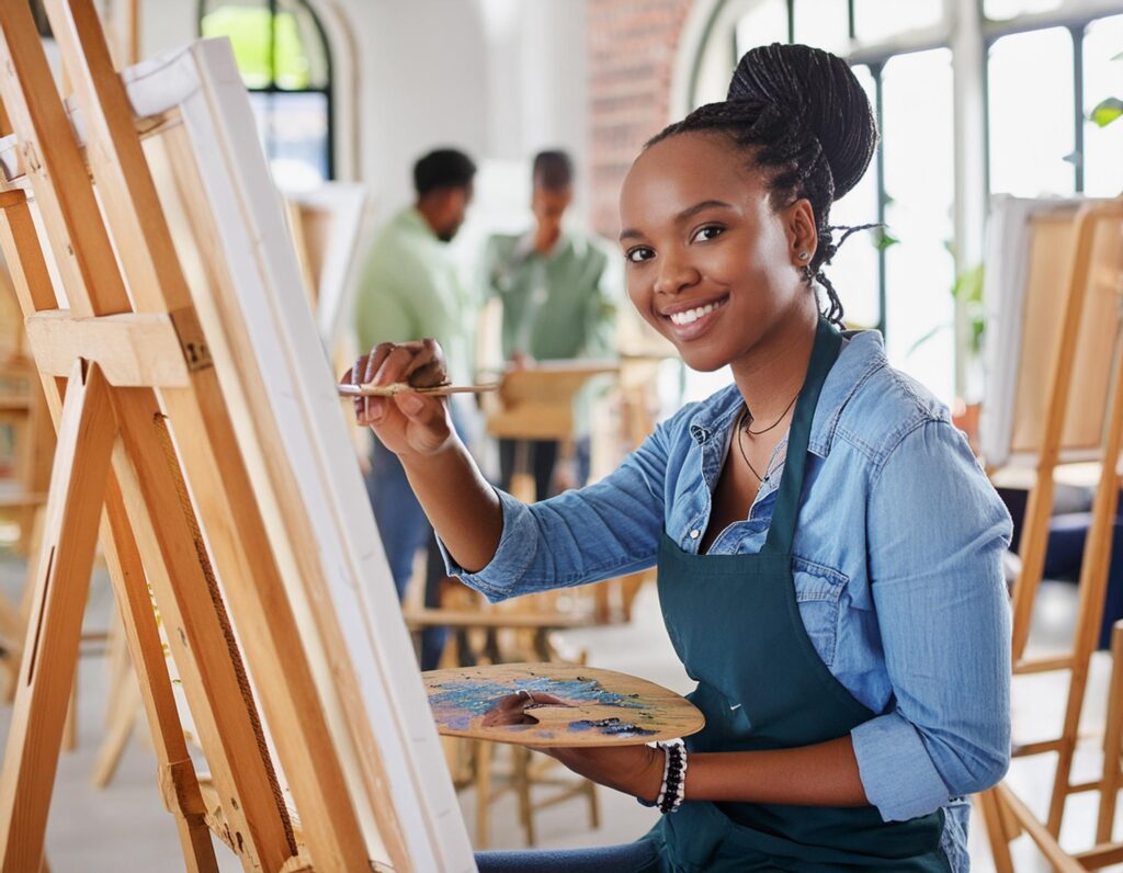 A painter at their easel in a studio