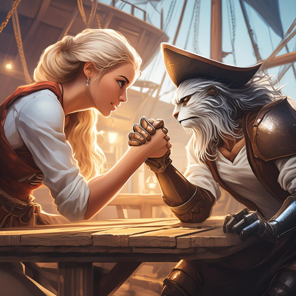 a pirate arm wrestling a shipwright