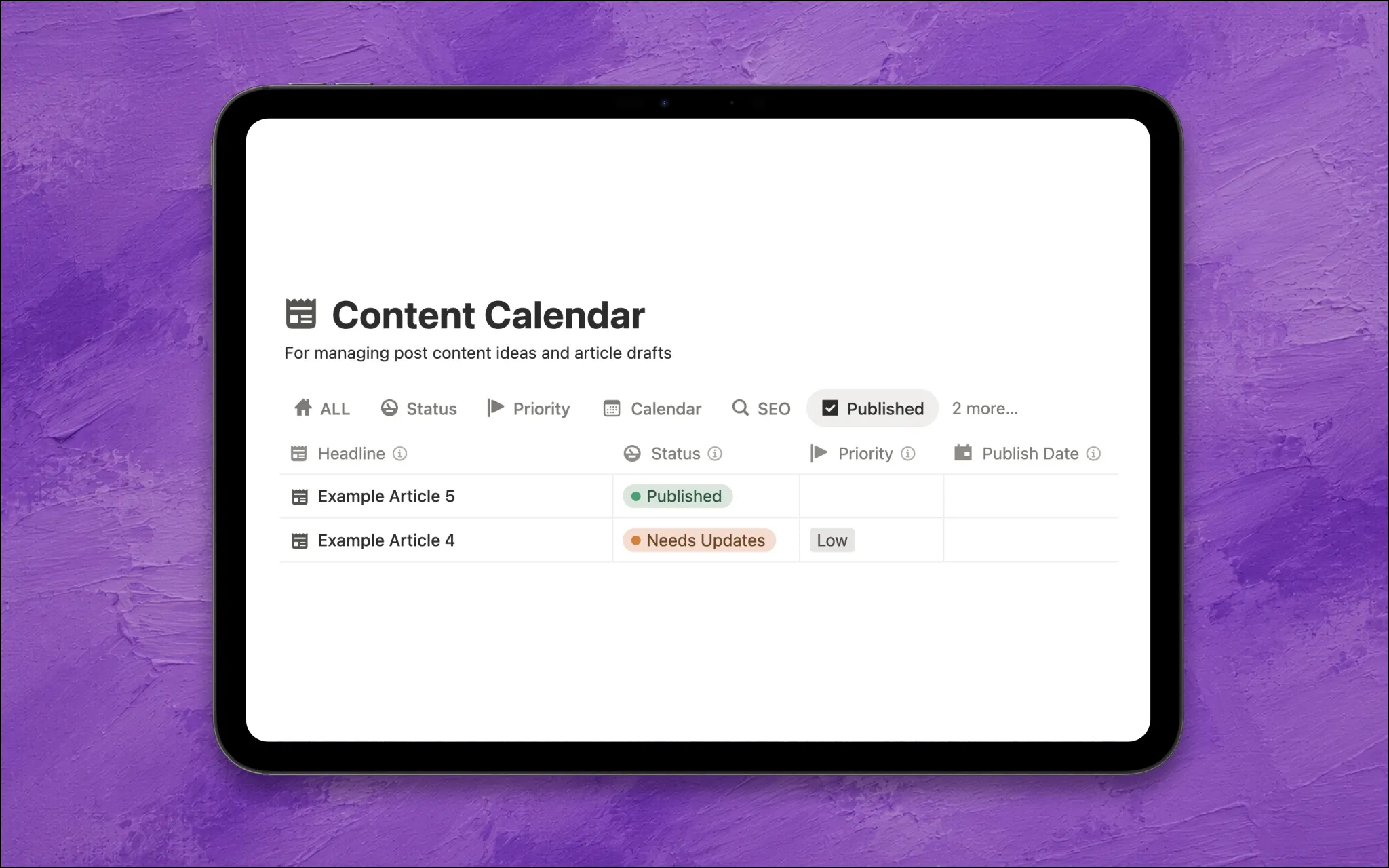 content calendar notion template calendar published
