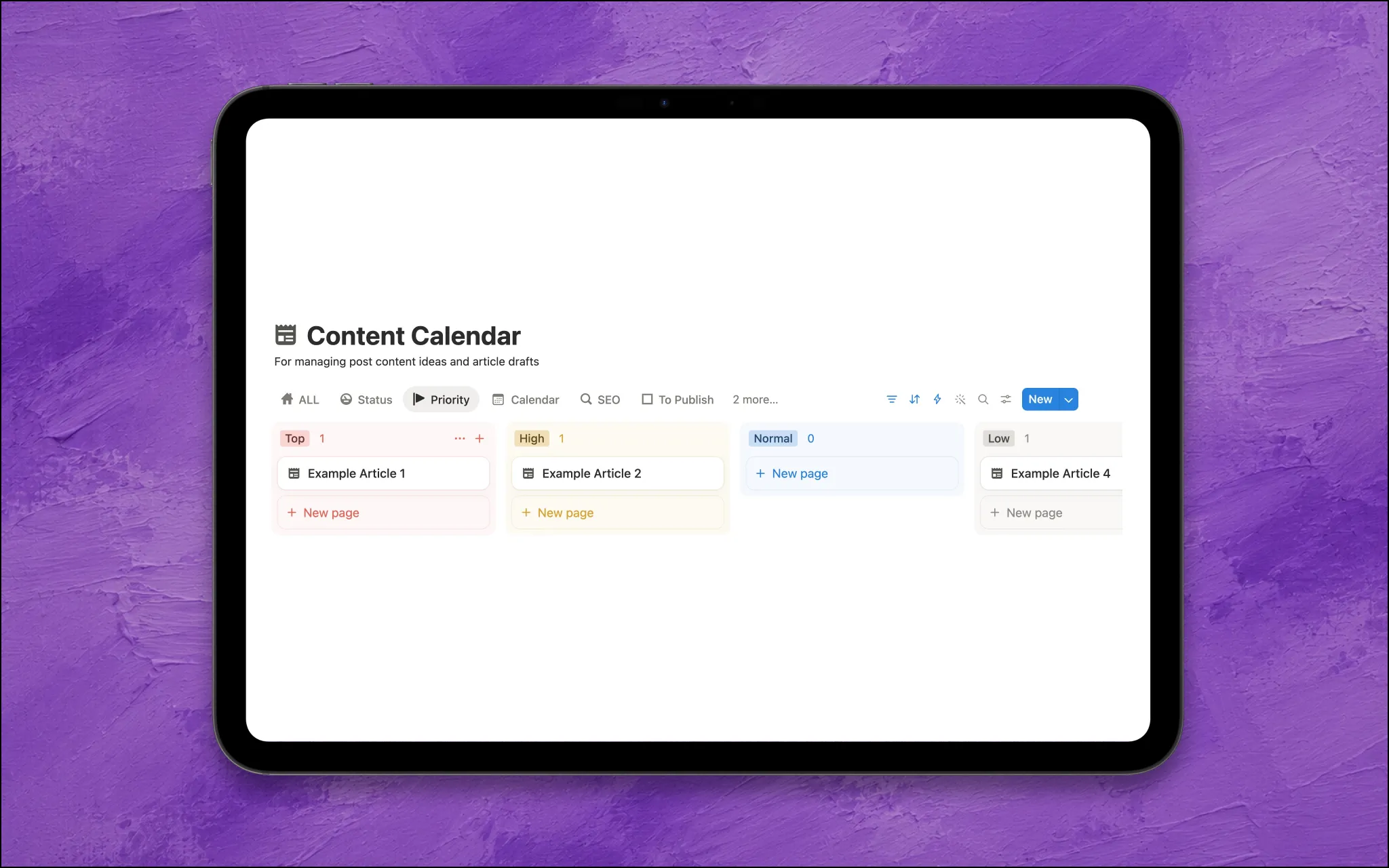 content calendar notion template priority