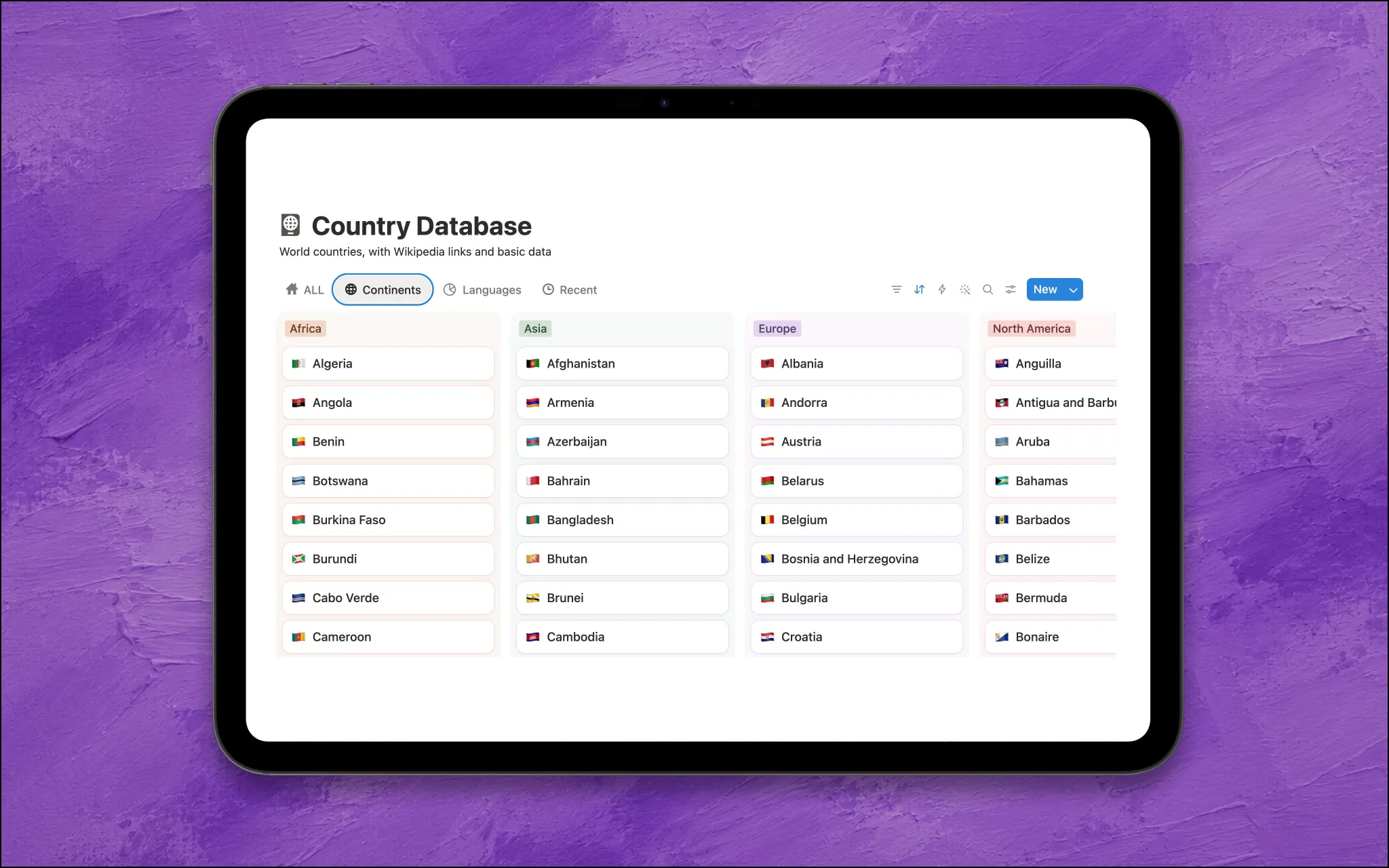 country database notion template continents
