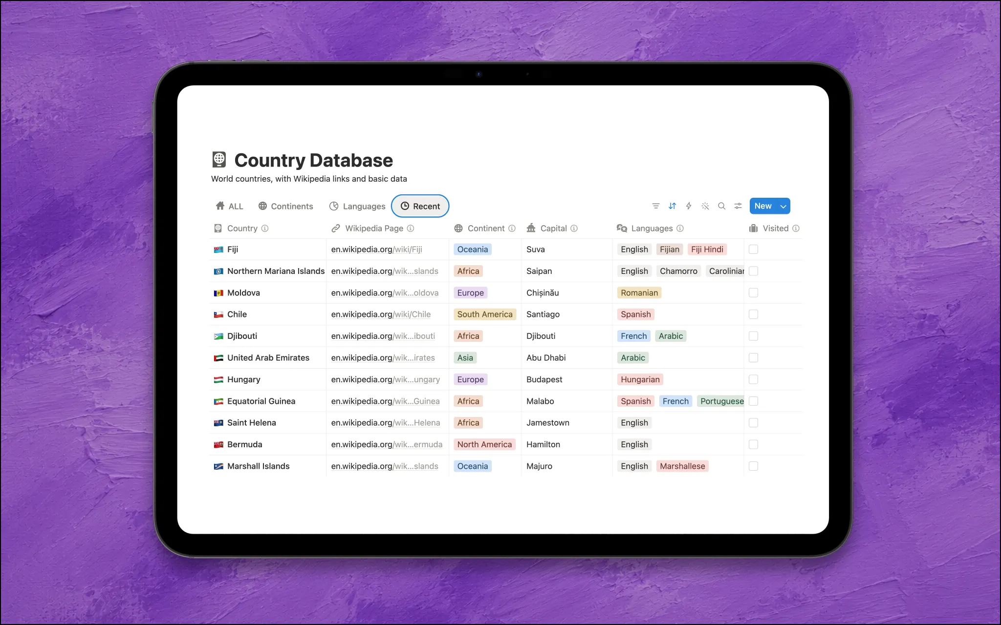 country database notion template recent