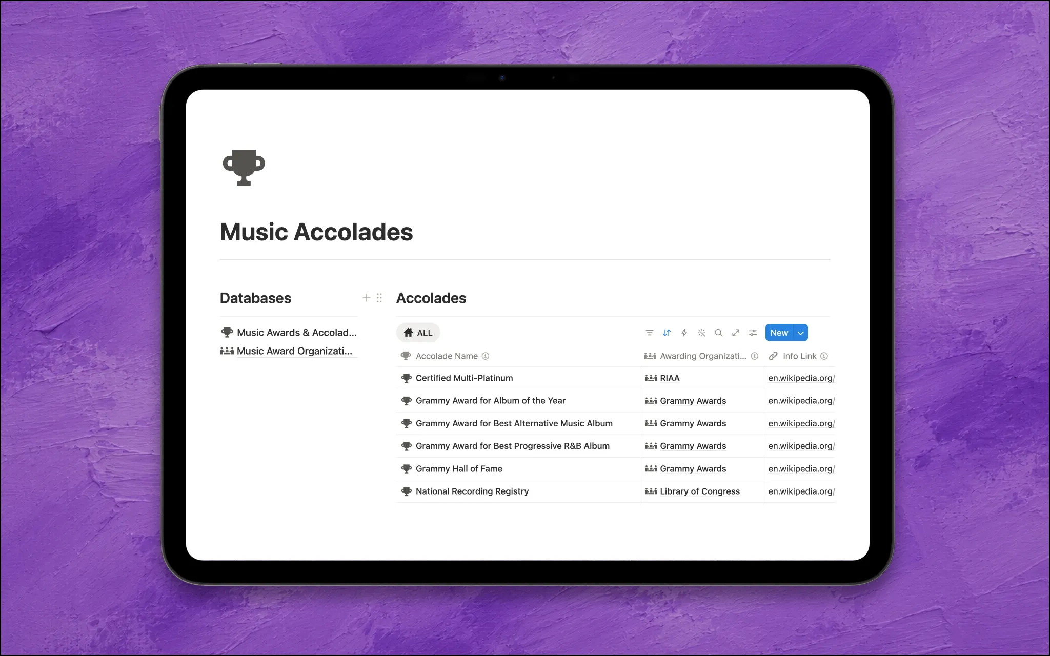 music notebook notion template accolades