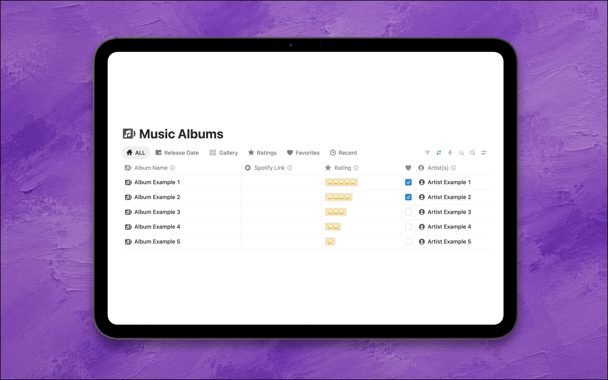 music notebook notion template albums