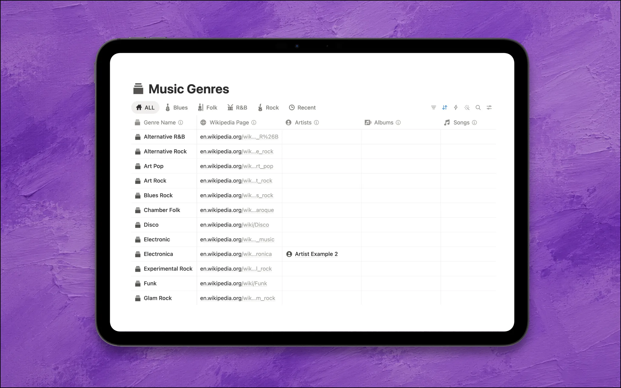 music notebook notion template genres