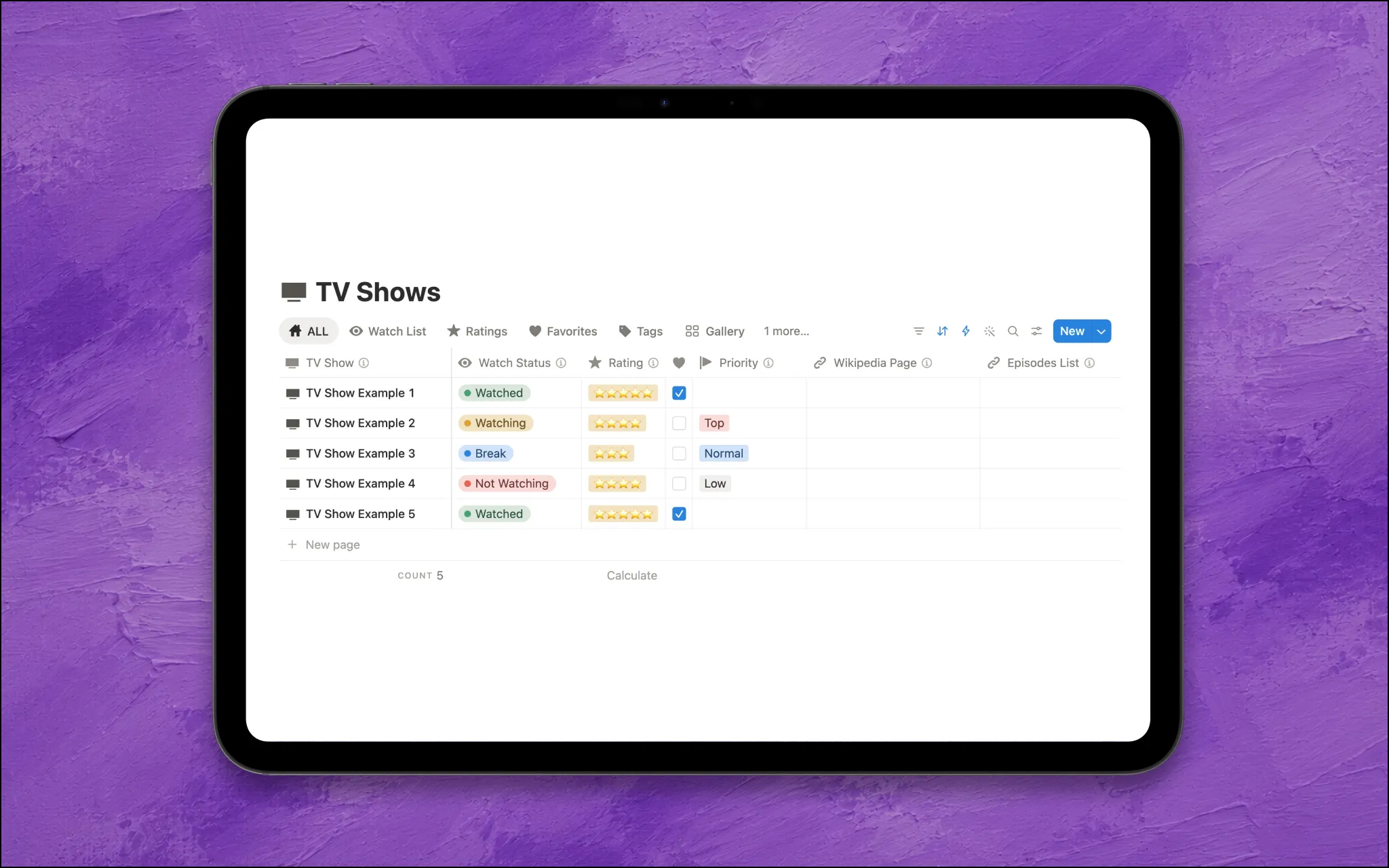 tv shows notion template tv shows