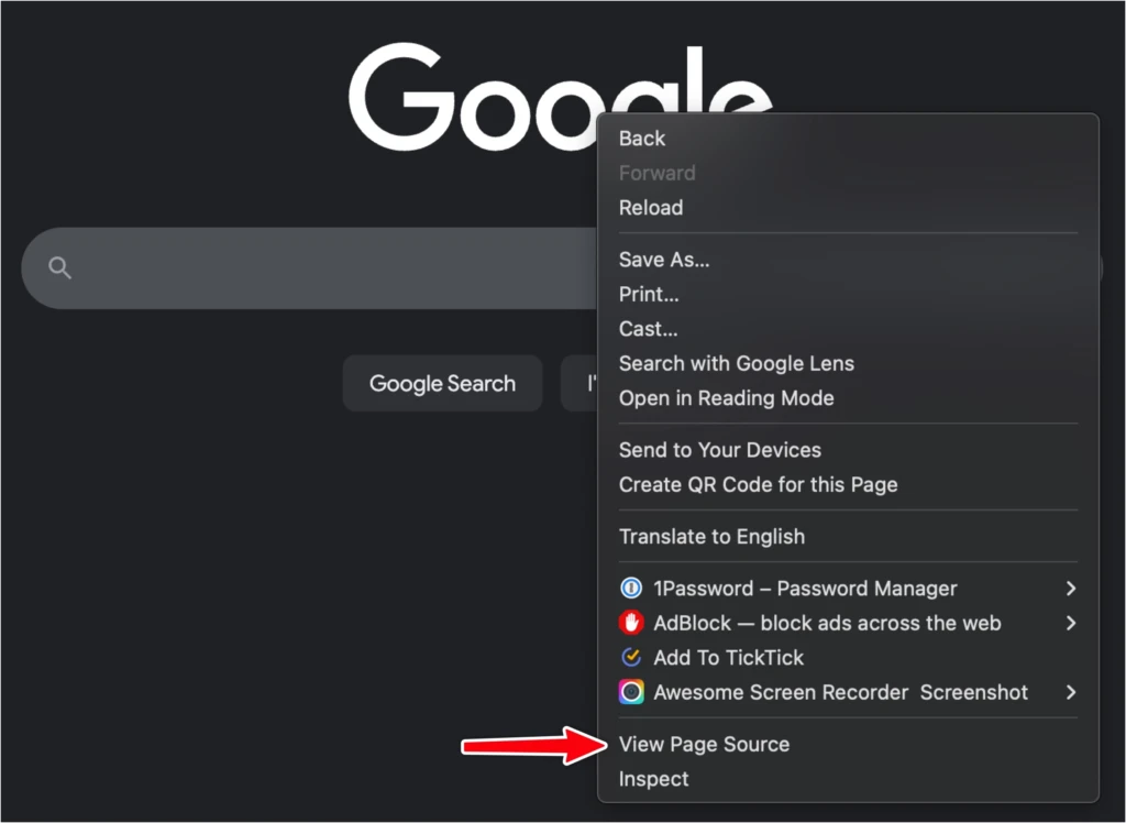 View Page Source right-click screenshot