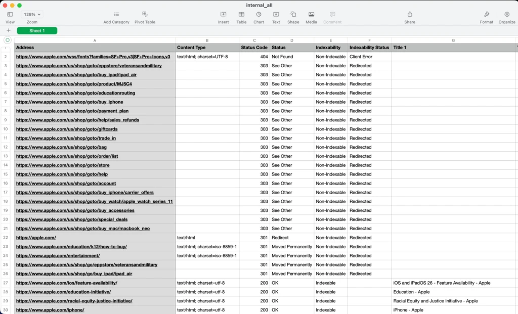 screaming frog export example